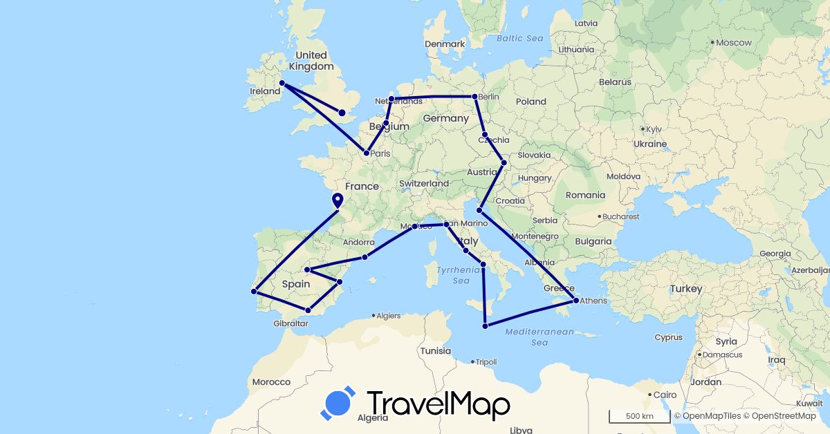 TravelMap itinerary: driving in Austria, Belgium, Czech Republic, Germany, Spain, France, United Kingdom, Greece, Croatia, Ireland, Italy, Monaco, Malta, Netherlands, Portugal (Europe)