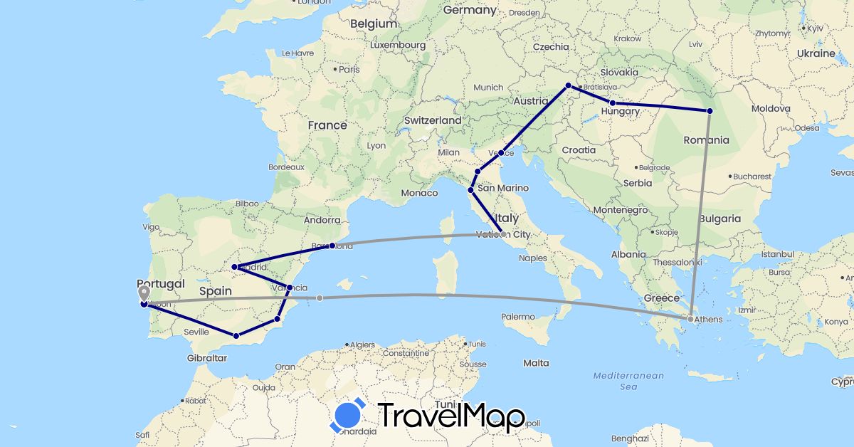 TravelMap itinerary: driving, plane in Austria, Spain, Greece, Hungary, Italy, Portugal, Romania (Europe)